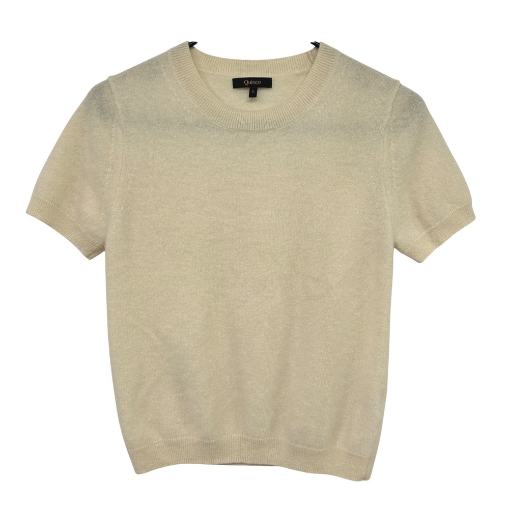 Quince Cashmere Sweater Tee Large Ivory Short Sleeve Quiet Luxury Minimalist